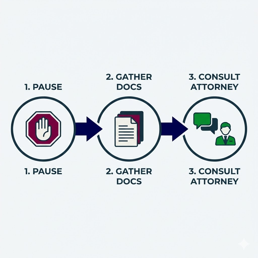 A 3-step guide advising clients to pause, gather documents, and consult an immigration attorney for legal assistance in Las Vegas.