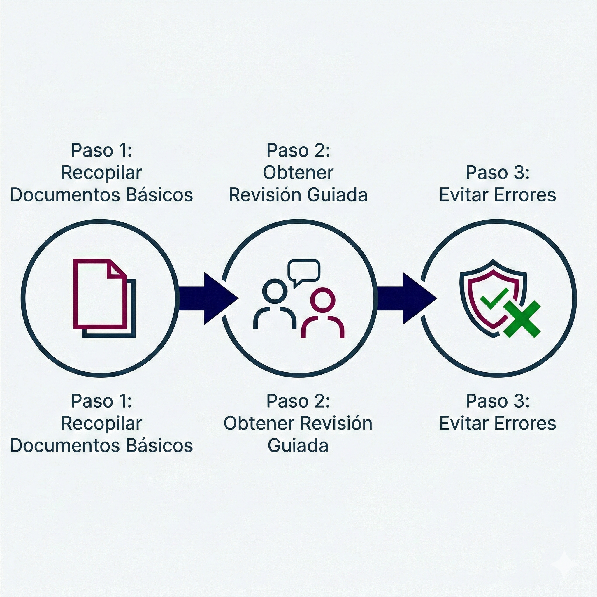 Gráfico de tres pasos para el proceso de inmigración: reunir documentos, revisión guiada y evitar errores.
