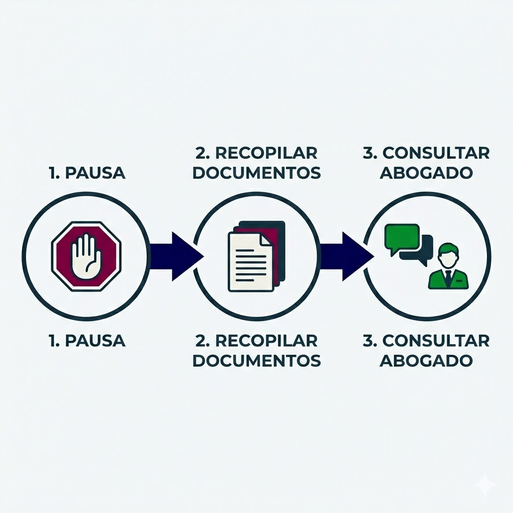 Una guía visual de 3 pasos que aconseja hacer una pausa, recopilar documentos y consultar a un abogado de inmigración en Las Vegas para asesoría legal.