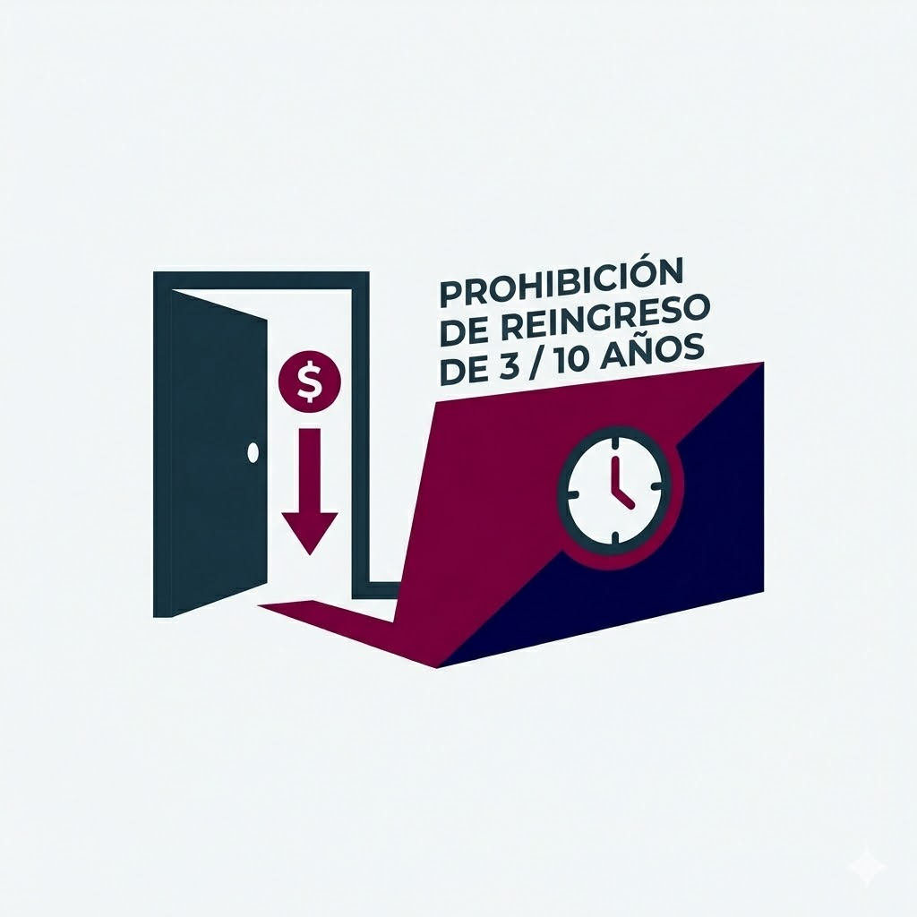 Una infografía que ilustra las restricciones de tiempo y consecuencias de la prohibición de reingreso de 3 y 10 años para clientes de inmigración en Las Vegas.