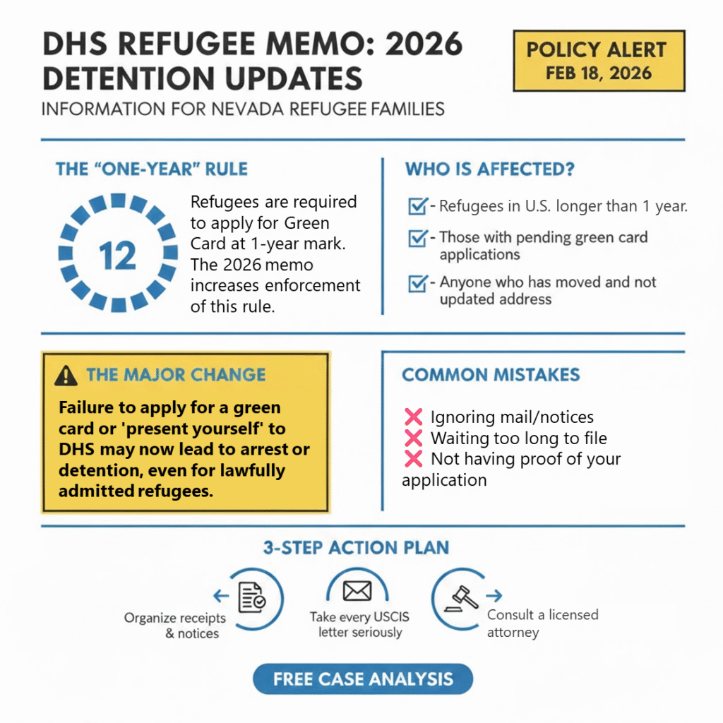 A policy alert infographic for Nevada refugee families regarding the February 18, 2026, DHS memo, which increases enforcement of the one-year rule for Green Card applications and warns of potential detention for those who fail to apply or update their address.