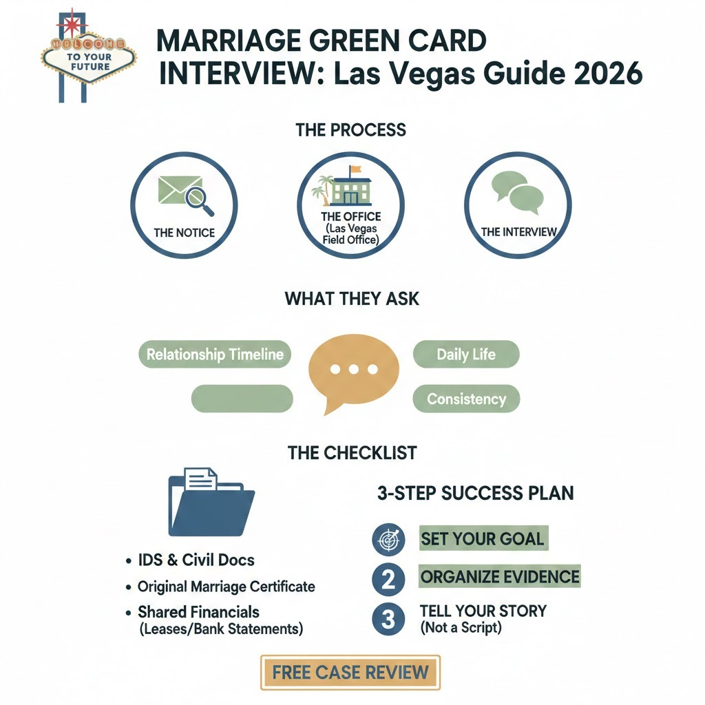 An infographic outlining the 2026 marriage green card interview process at the Las Vegas Field Office, including a document checklist and success plan.