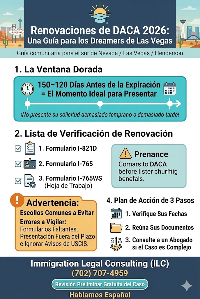 Una guía comunitaria en español para Dreamers en Las Vegas y Henderson sobre las renovaciones de DACA en 2026, detallando la ventana de presentación de 150 a 120 días y los formularios requeridos I-821D e I-765.