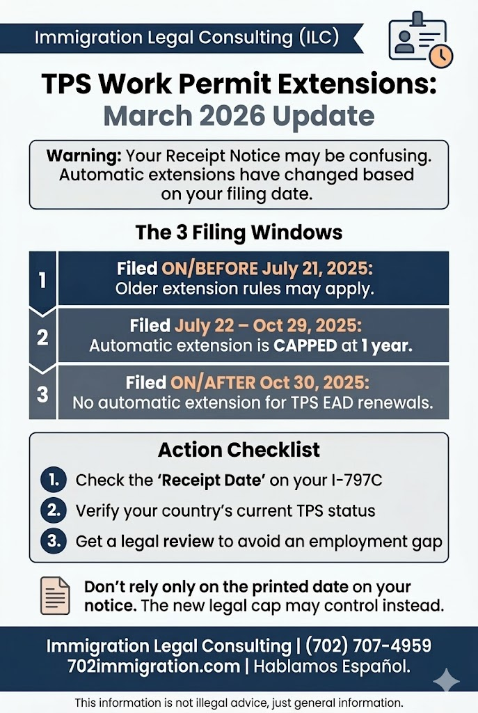 An infographic guide for Las Vegas residents on the March 2026 TPS work permit extension updates, detailing the three specific filing windows and warning that automatic extensions are now capped or unavailable depending on the filing date.
